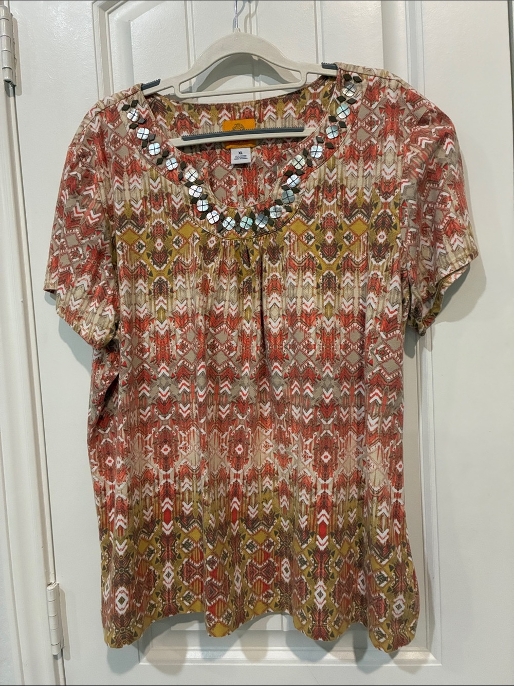 Ruby Rd. Coral Multi Geometric Short Sleeve Blouse with Beaded Neckline